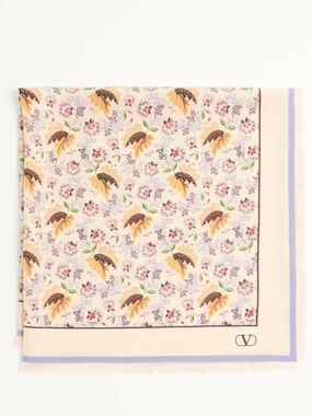 Valentino Floral Print Silk Shawl in Cream, Yellow and Pink